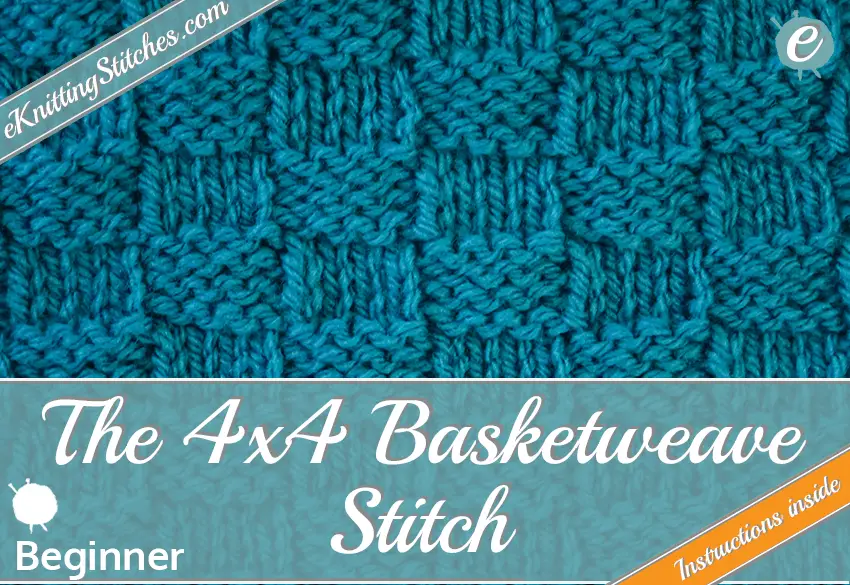 Basketweave (4x4) stitch example & Title Slide for "How to Knit the Basketweave (4x4) Stitch"