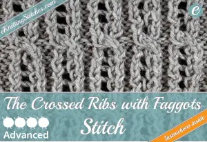 Crossed Ribs with Faggots stitch example & Title Slide for "How to Knit the Crossed Ribs with Faggots Stitch"