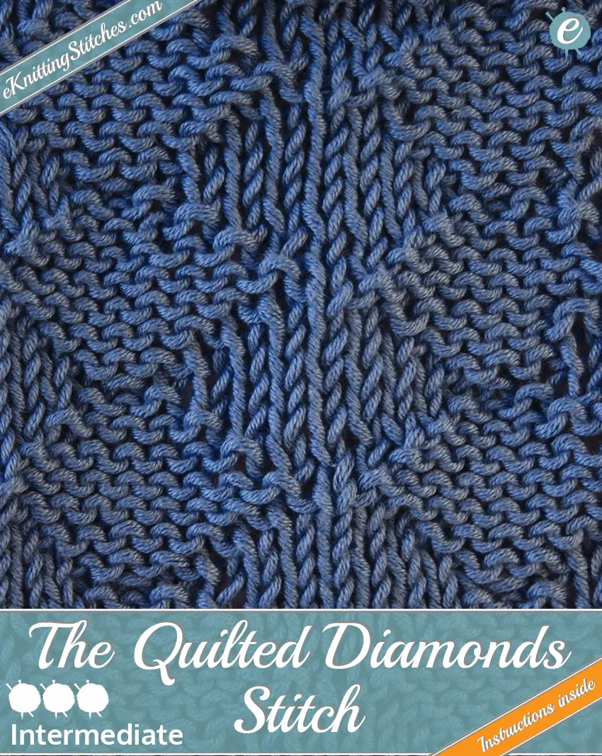 Quilted Diamond stitch example & Title Slide for "How to Knit the Quilted Diamond Stitch"