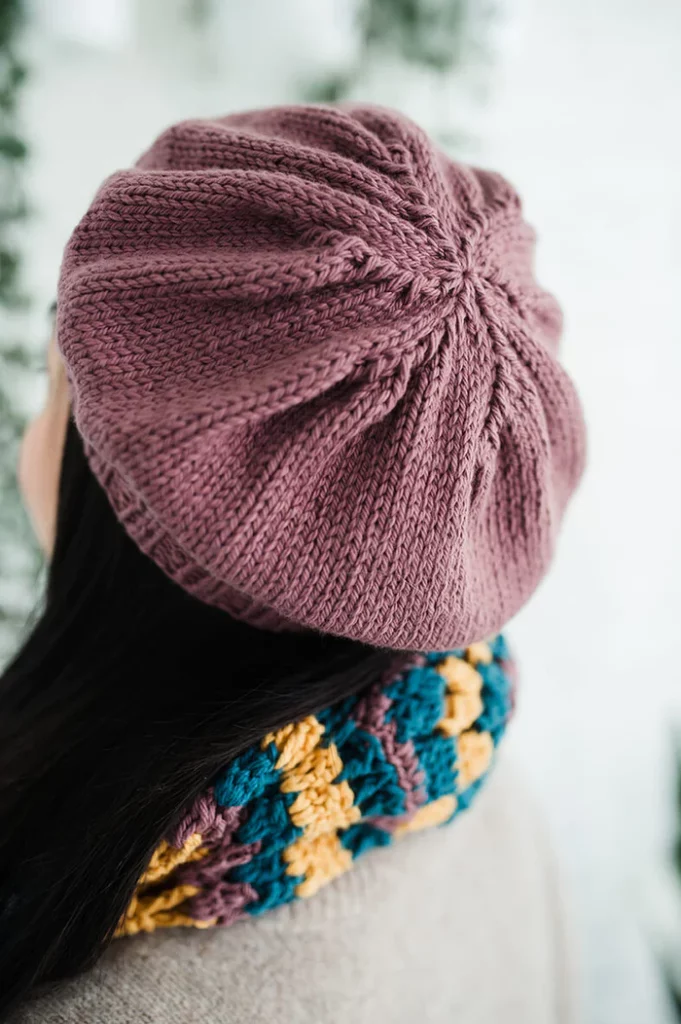 purple knitted beret hat