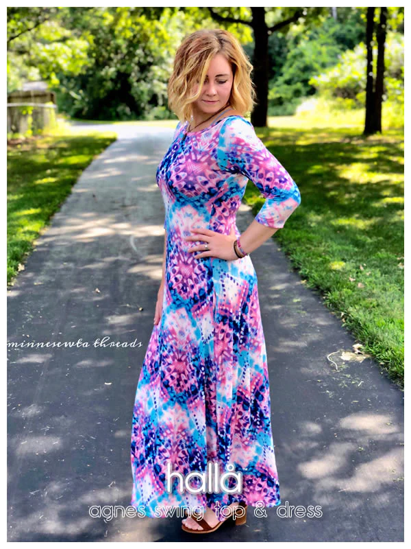 woman fashioning result of pattern for full length swing dress