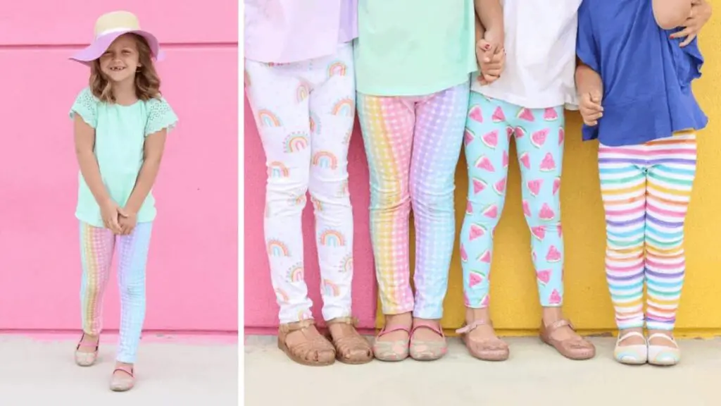 girls wearing sewn summer themed leggings