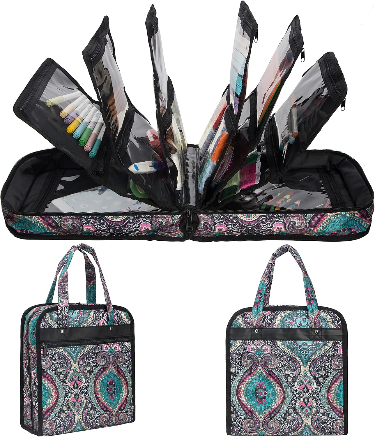 open black craft bag with zippered pages and pouches