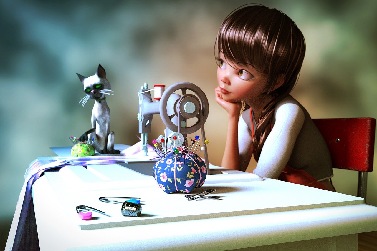 seamstress sitting at sewing machine thinking
