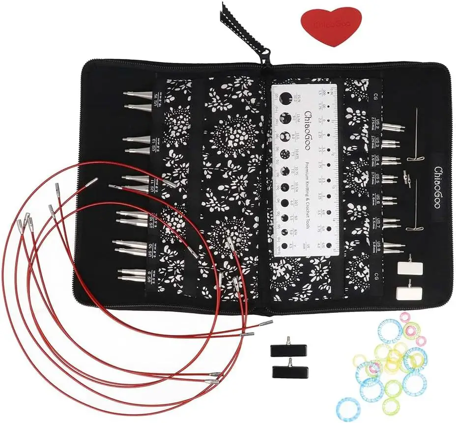stainless steel interchangeable knitting needle set in a black pouch