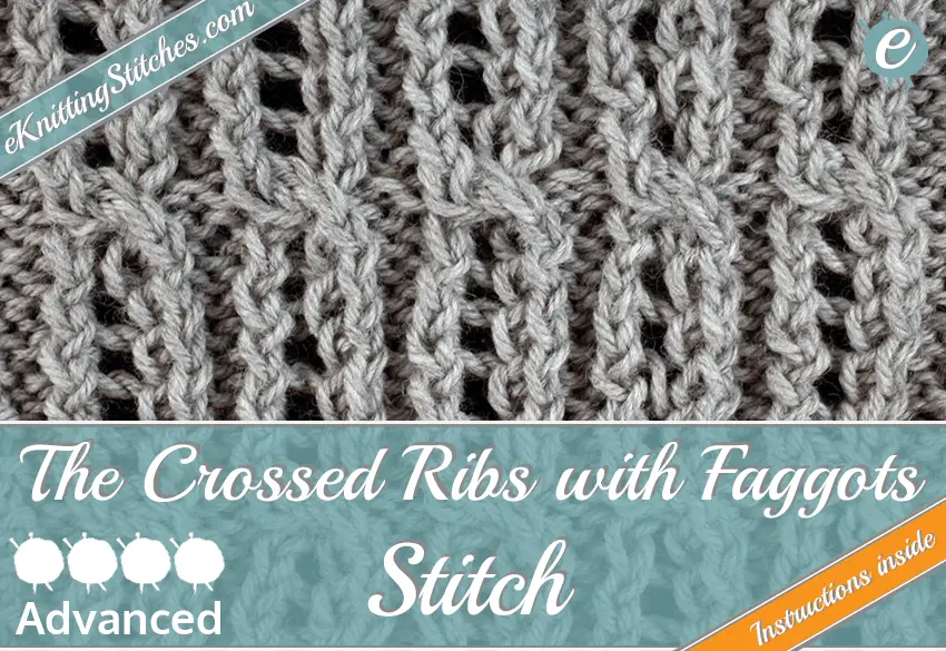 crossed ribs with faggots stitch swatch sample in gray yarn